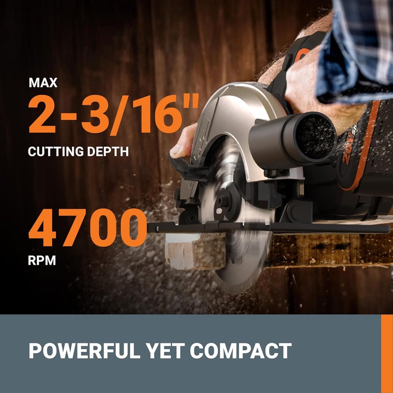 WORX 20V Cordless Electric Circular Saw 6-1/2'' Max. 2-3/16" Cutting Depth 4700 Rpm 0-50° Bevel Capacity 2.0 Ah Battery and Charger Included WX526L - Image 2